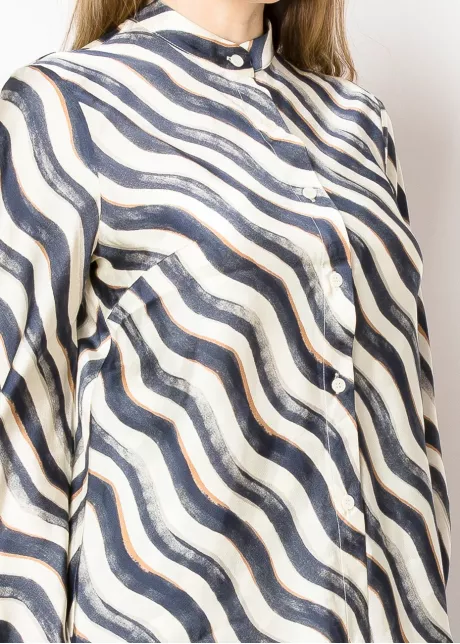 Navy Ripple Wave Stand Collar Shirt