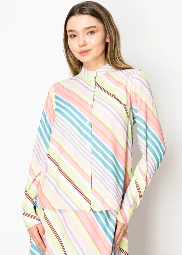 Pastel Striped Stand Collar Shirt