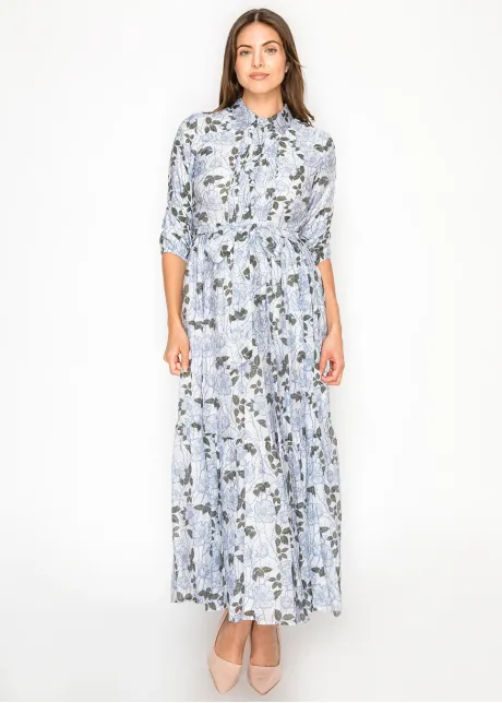 Blue Floral Tiered Maxi Dress with Tie Waist