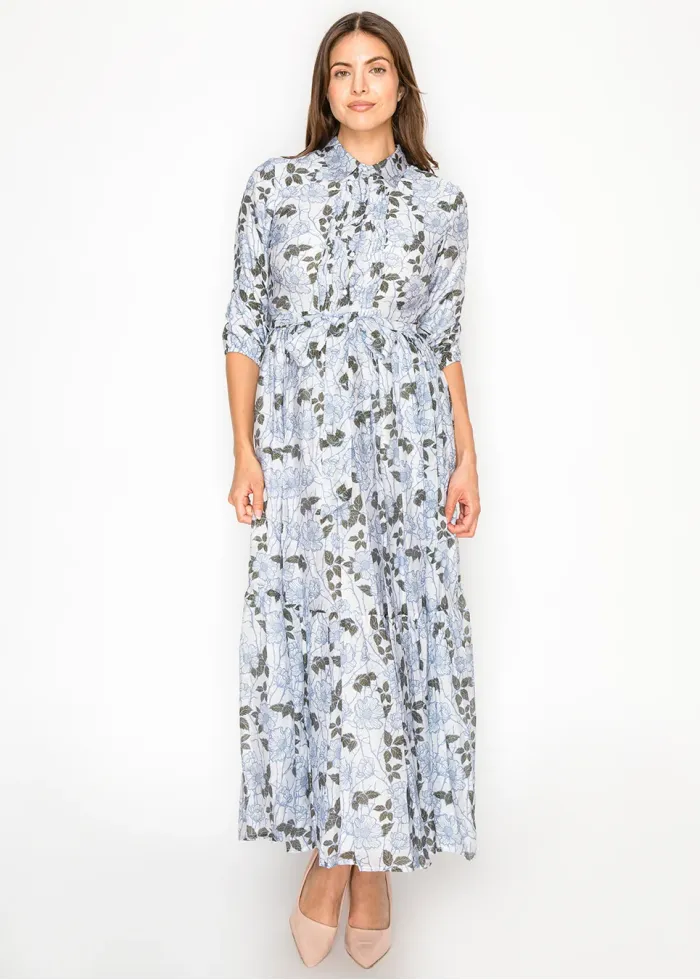 Blue Floral Tiered Maxi Dress with Tie Waist