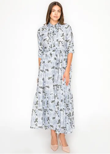 Blue Floral Tiered Maxi Dress with Tie Waist