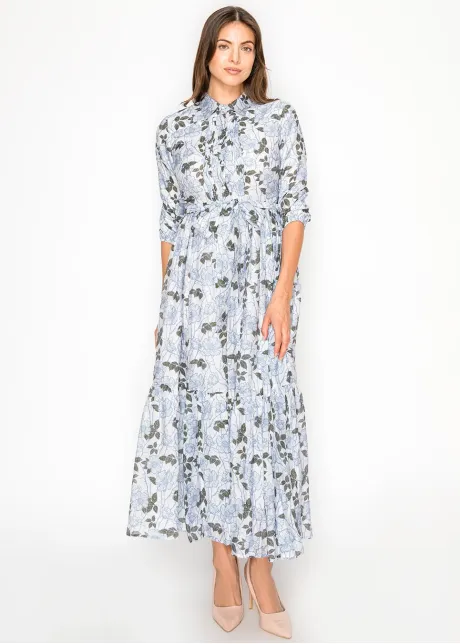Blue Floral Tiered Maxi Dress with Tie Waist