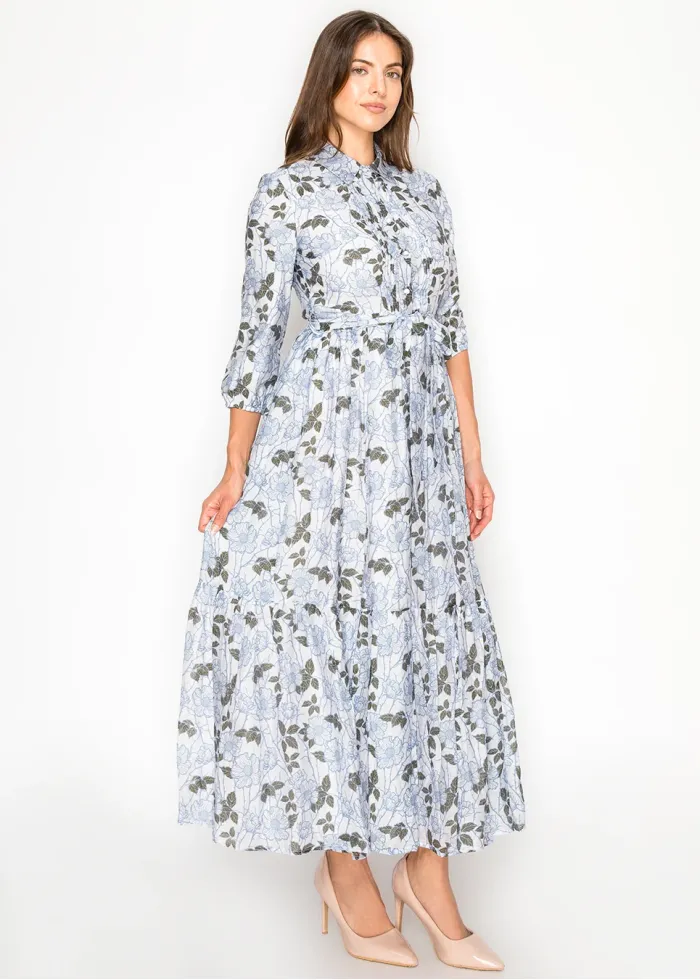 Blue Floral Tiered Maxi Dress with Tie Waist