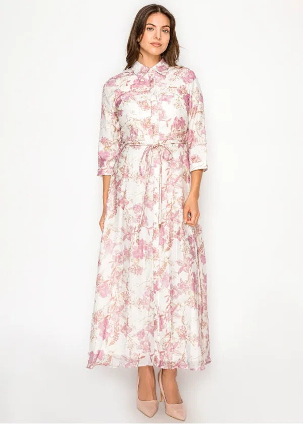 White & Pink Floral Tencel Maxi Dress