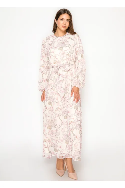 Blush Floral Maxi Dress with Tie Waist