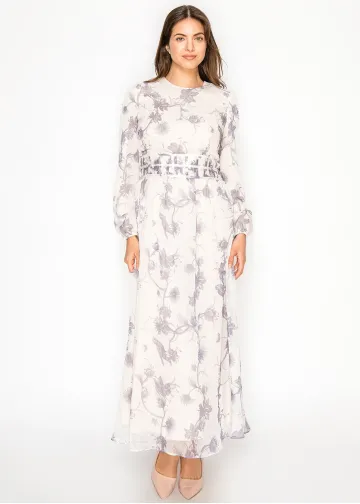 Botanical Print Maxi Dress in Soft Grey