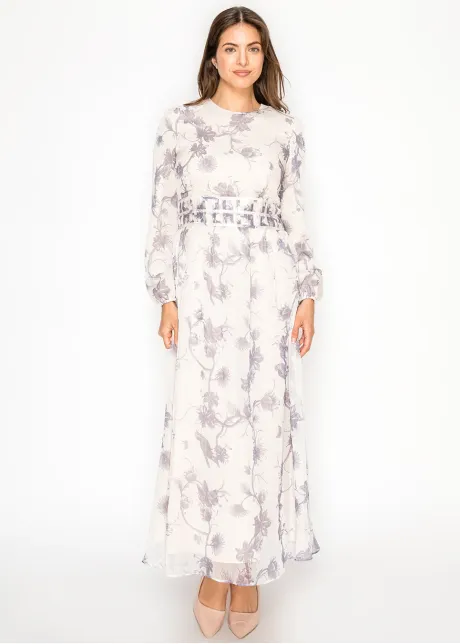 Botanical Print Maxi Dress in Soft Grey