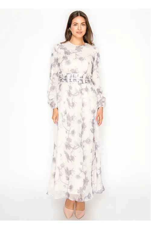 Botanical Print Maxi Dress in Soft Grey