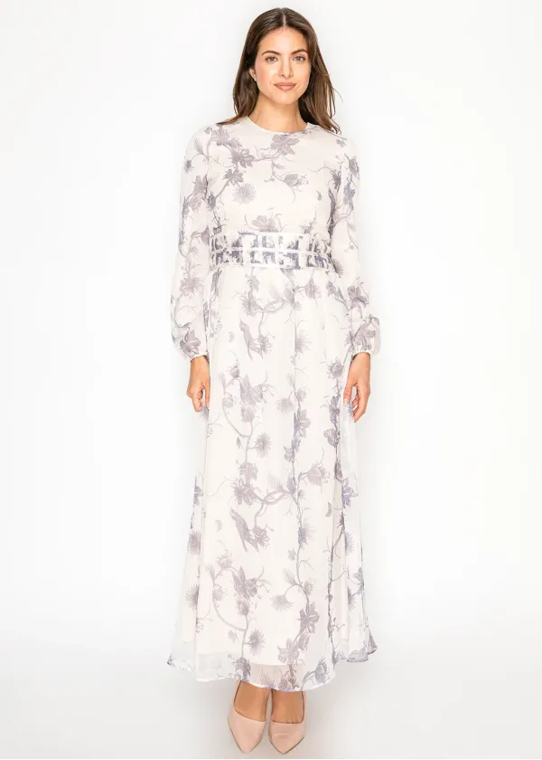 Botanical Print Maxi Dress in Soft Grey
