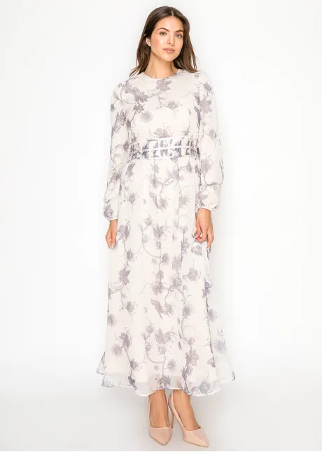 Botanical Print Maxi Dress in Soft Grey