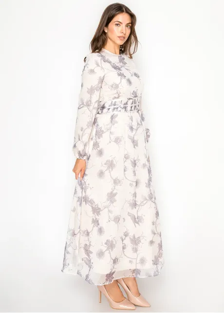 Botanical Print Maxi Dress in Soft Grey