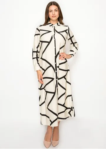White Abstract Button-Down Dress