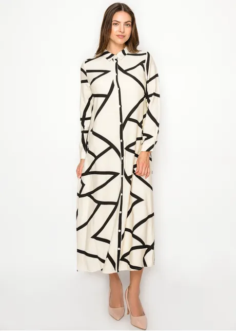 White Abstract Button-Down Dress