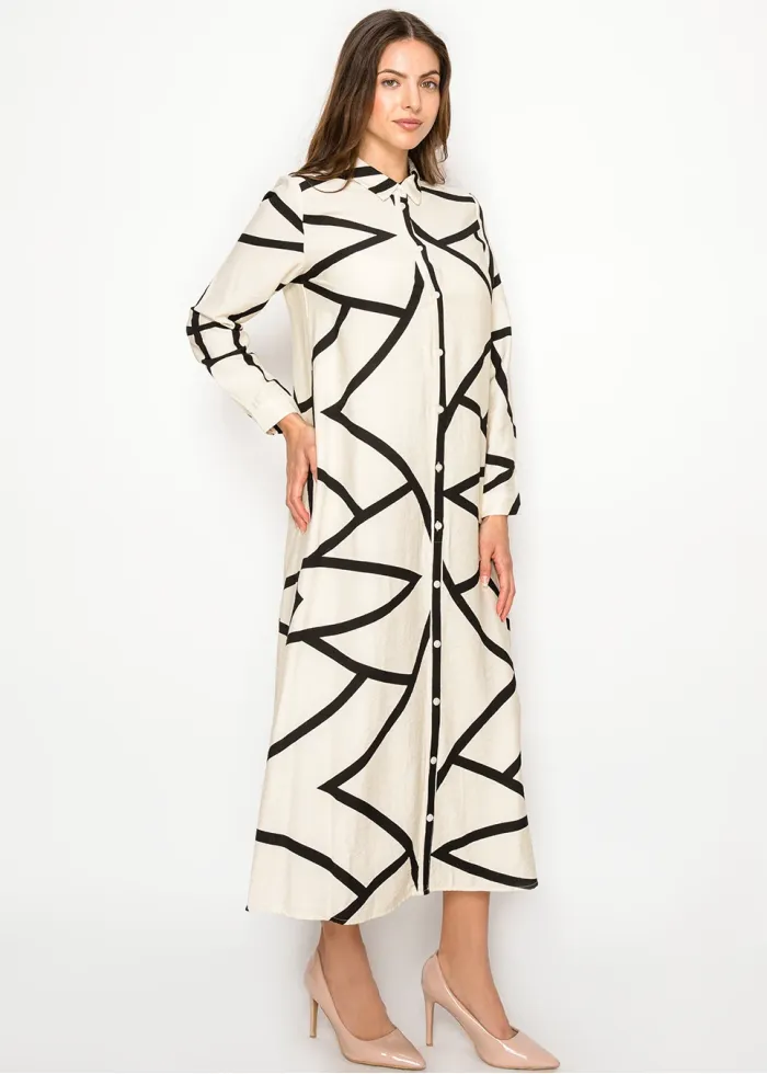 White Abstract Button-Down Dress