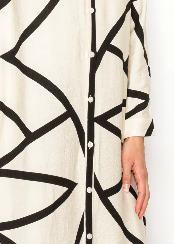 White Abstract Button-Down Dress