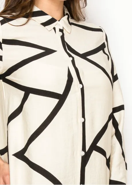 White Abstract Button-Down Dress