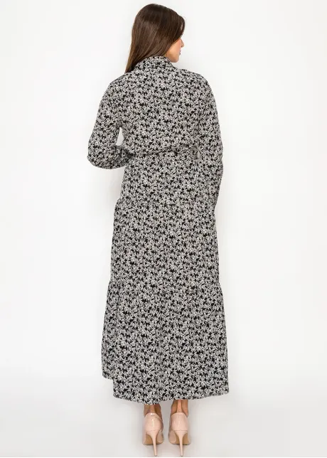 Modest Black Button-Front Floral Dress