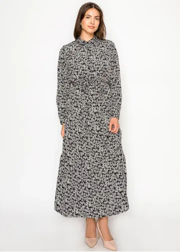 Modest Black Button-Front Floral Dress