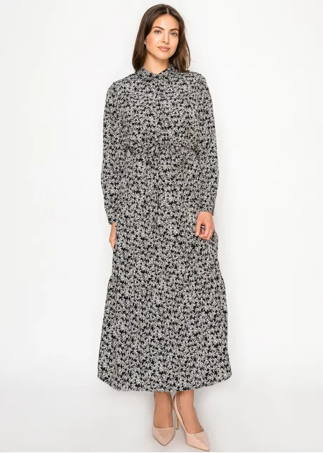 Modest Black Button-Front Floral Dress