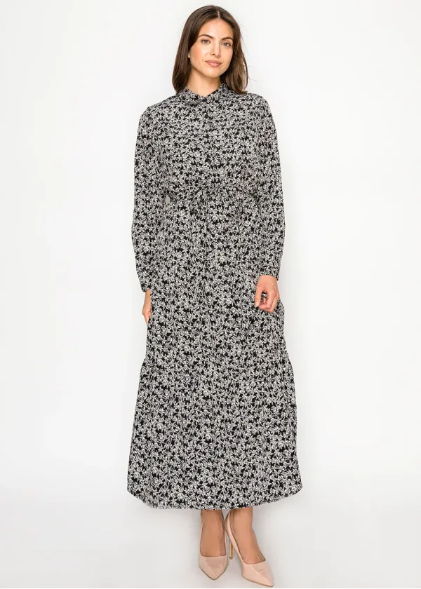 Modest Black Button-Front Floral Dress