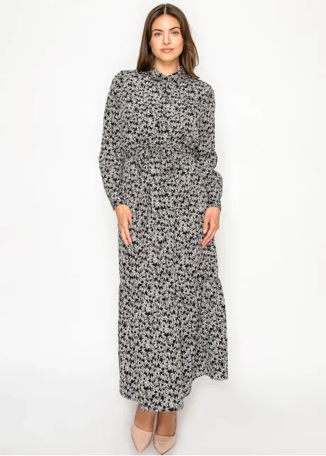 Modest Black Button-Front Floral Dress