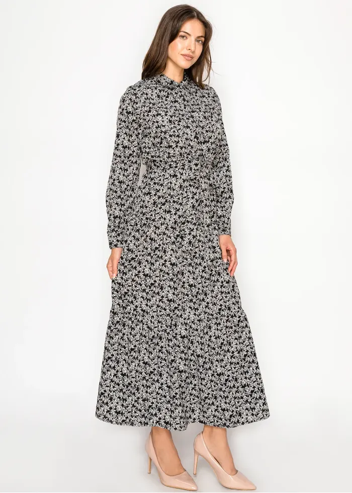 Modest Black Button-Front Floral Dress