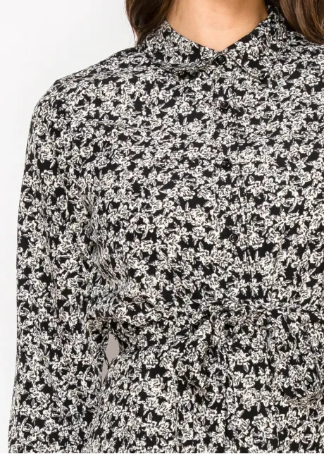 Modest Black Button-Front Floral Dress