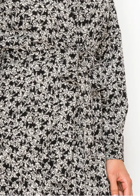 Modest Black Button-Front Floral Dress