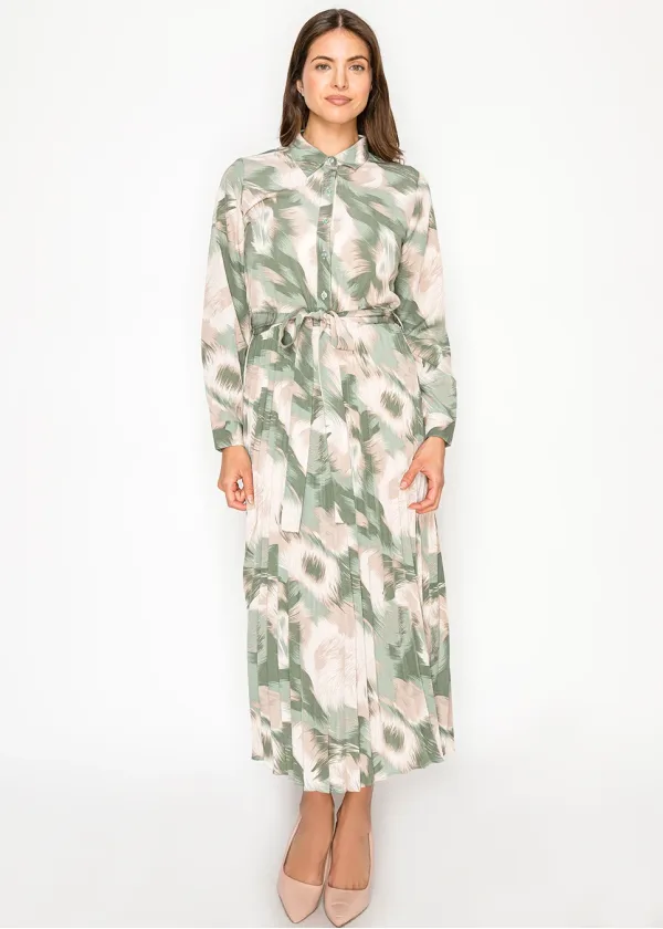 Sage Green Leaf Print Shirt Dress