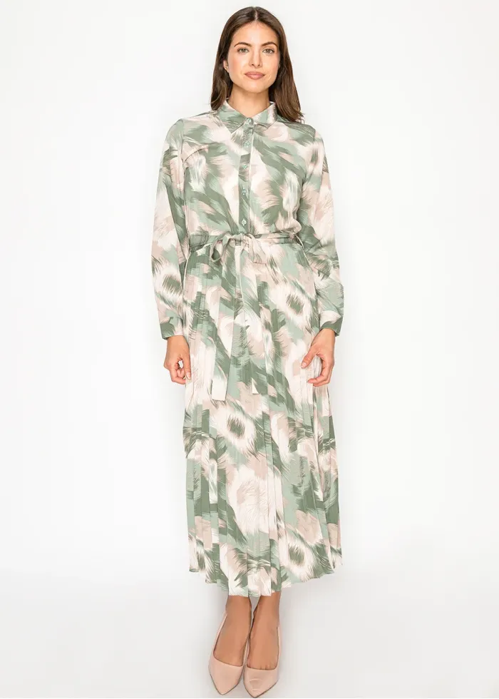 Sage Green Leaf Print Shirt Dress