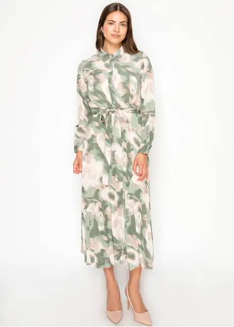 Sage Green Leaf Print Shirt Dress