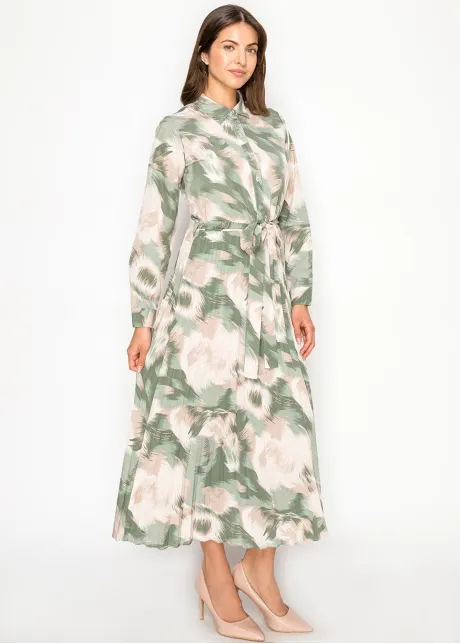 Sage Green Leaf Print Shirt Dress