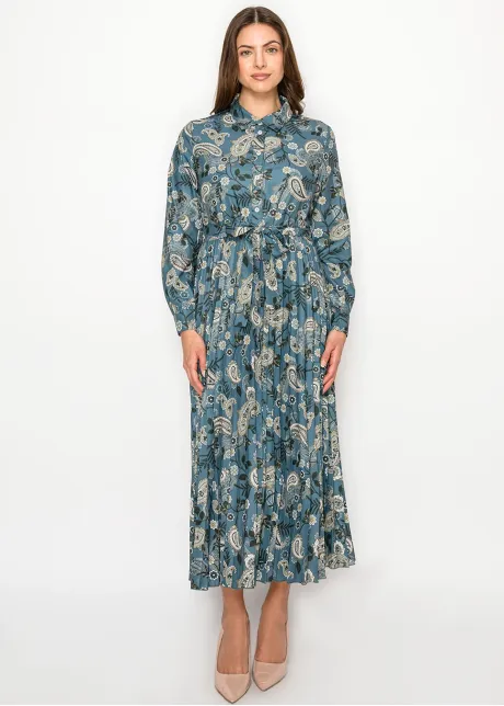 Teal Paisley Print Belted Shirt Dress