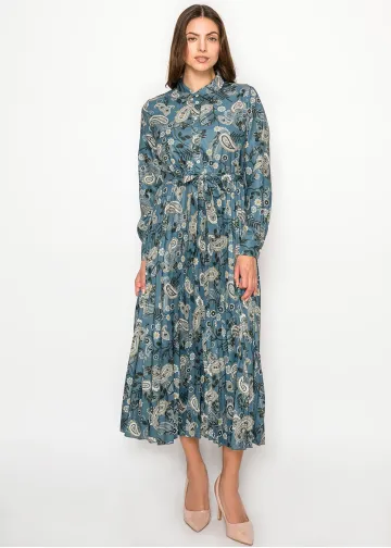 Teal Paisley Print Belted Shirt Dress