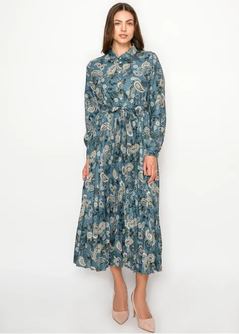 Teal Paisley Print Belted Shirt Dress