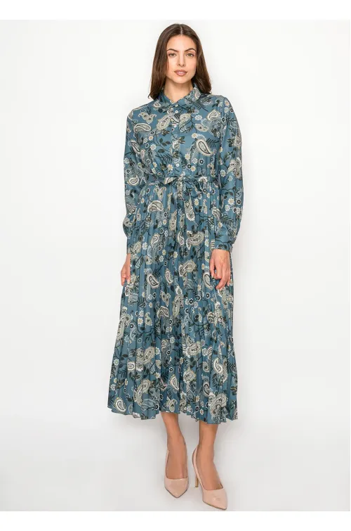 Teal Paisley Print Belted Shirt Dress