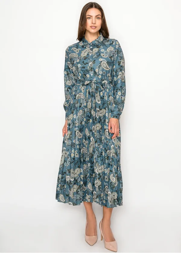 Teal Paisley Print Belted Shirt Dress