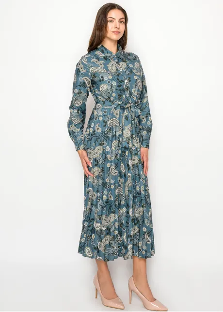 Teal Paisley Print Belted Shirt Dress