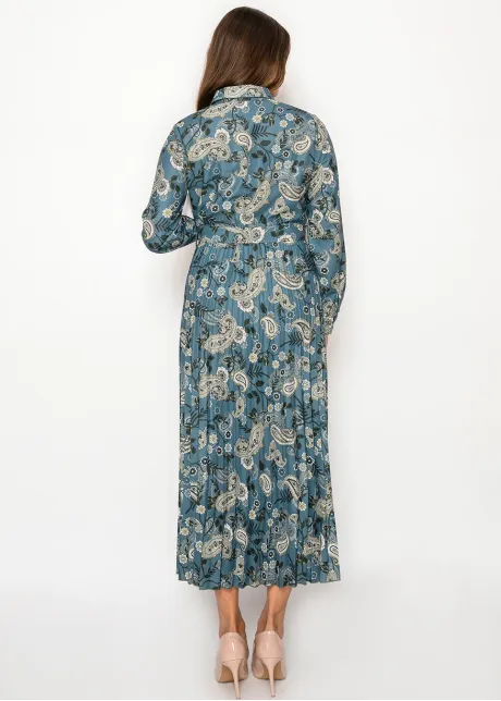 Teal Paisley Print Belted Shirt Dress