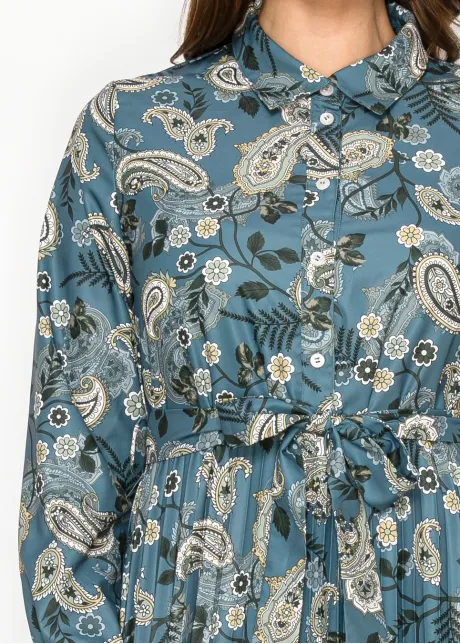 Teal Paisley Print Belted Shirt Dress