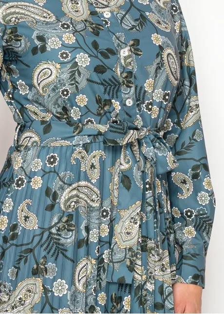 Teal Paisley Print Belted Shirt Dress