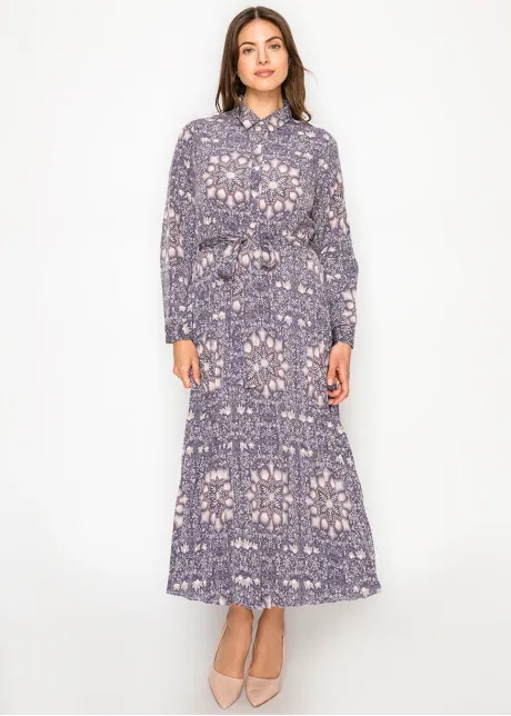 Pleated Midi Shirt Dress — Purple Medallion