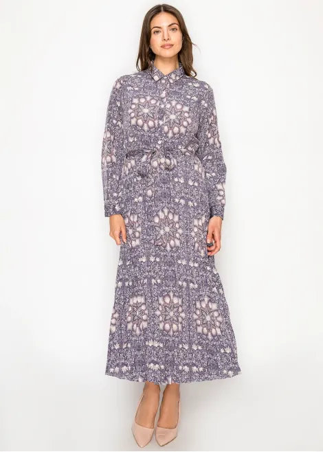 Pleated Midi Shirt Dress — Purple Medallion