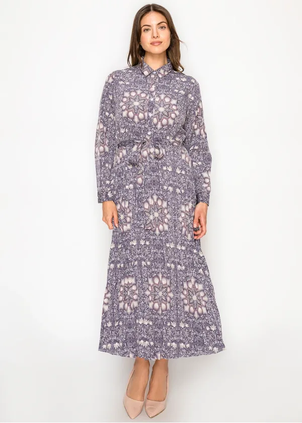 Pleated Midi Shirt Dress — Purple Medallion