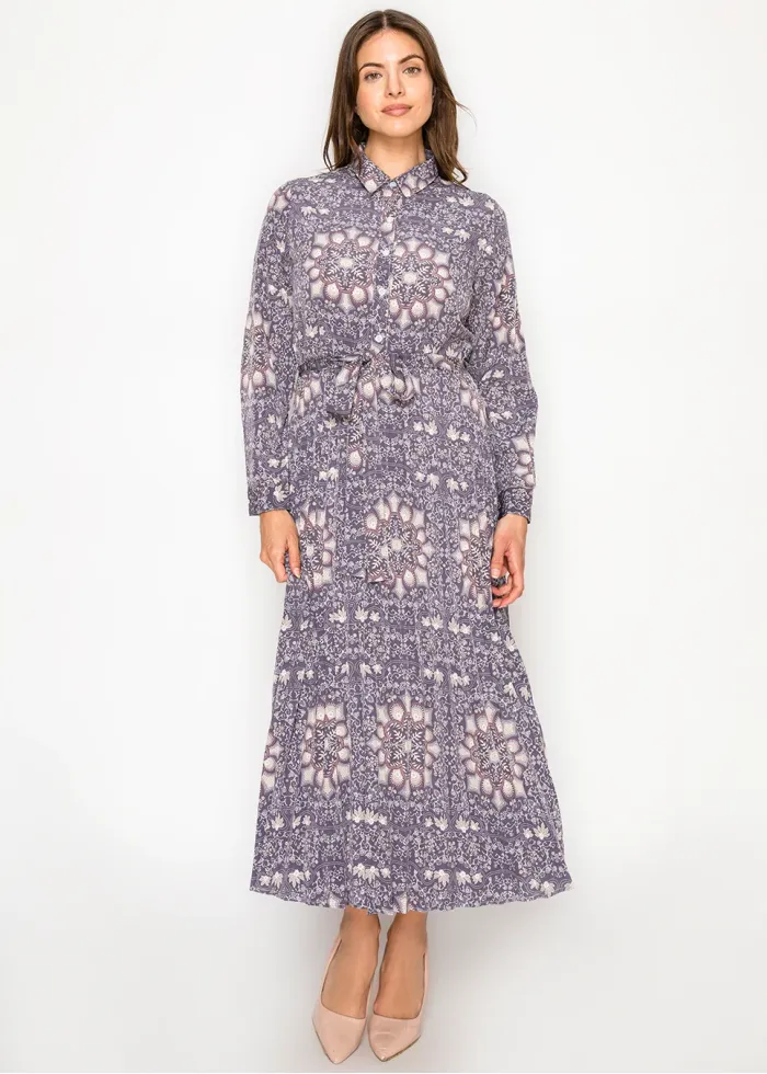 Pleated Midi Shirt Dress — Purple Medallion