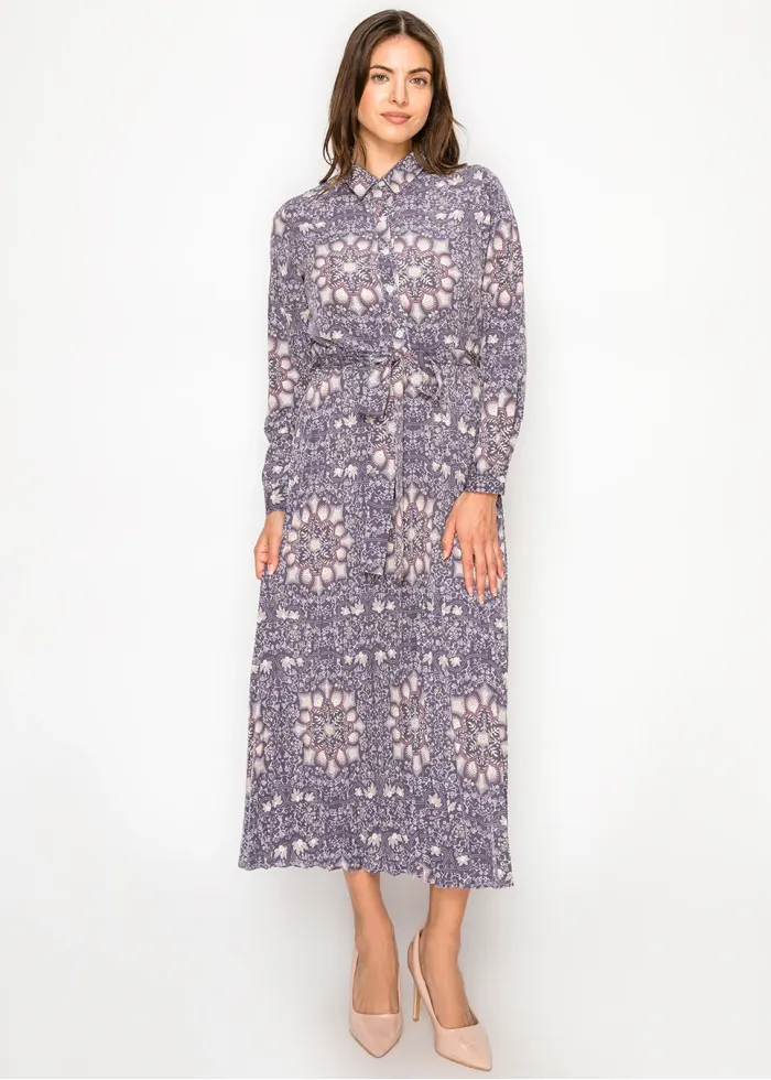 Pleated Midi Shirt Dress — Purple Medallion