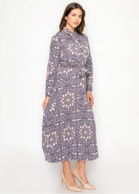 Pleated Midi Shirt Dress — Purple Medallion