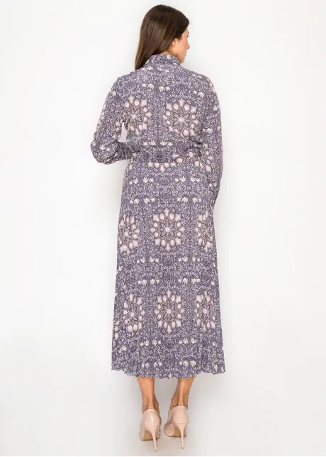 Pleated Midi Shirt Dress — Purple Medallion
