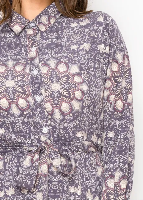 Pleated Midi Shirt Dress — Purple Medallion