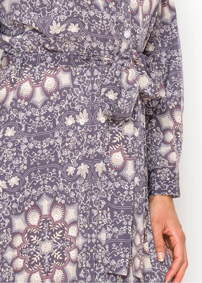 Pleated Midi Shirt Dress — Purple Medallion